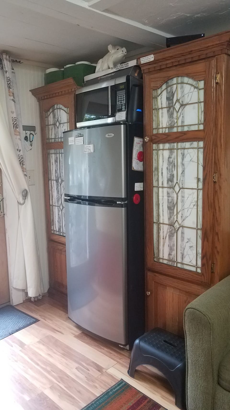 Refrigerator and cabinet storage.