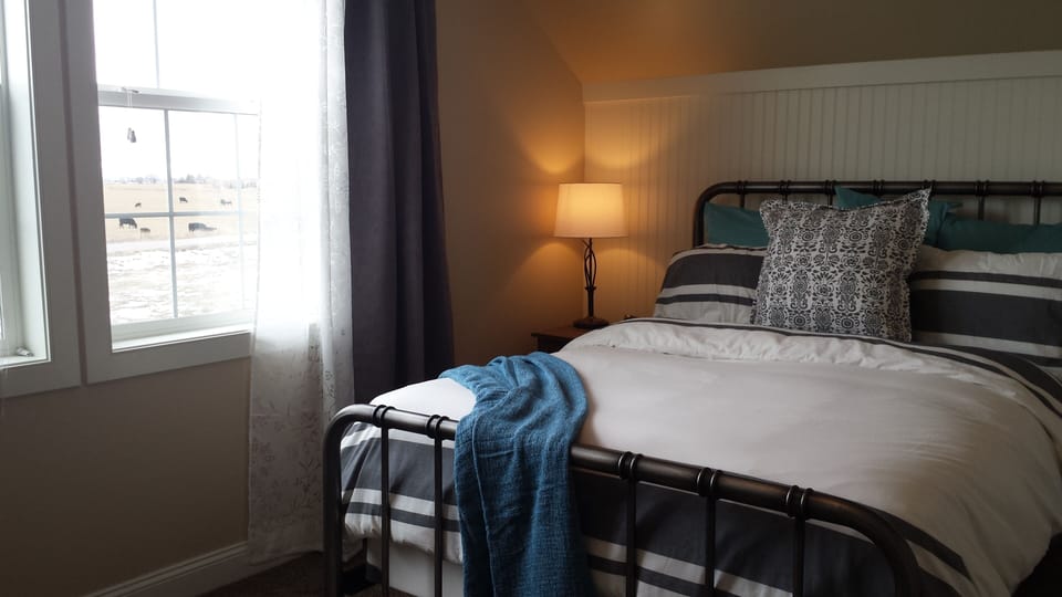 Queen bedroom with memory foam topper and hypo-allergenic comforter