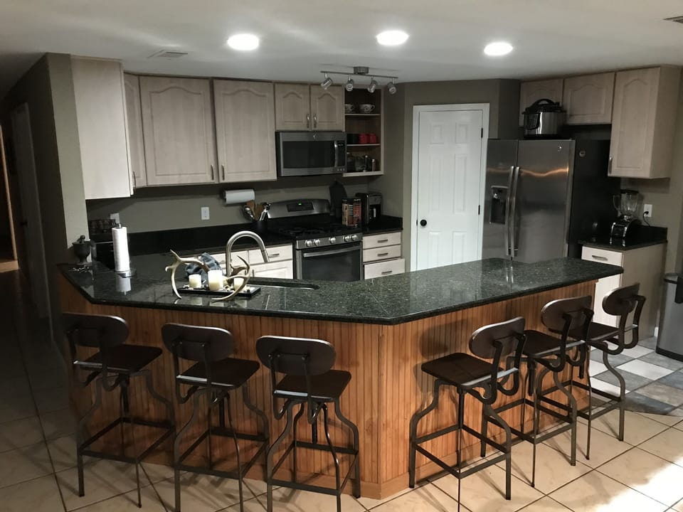 Large and well equipped kitchen.  Also has coffee, spices, and condiments.