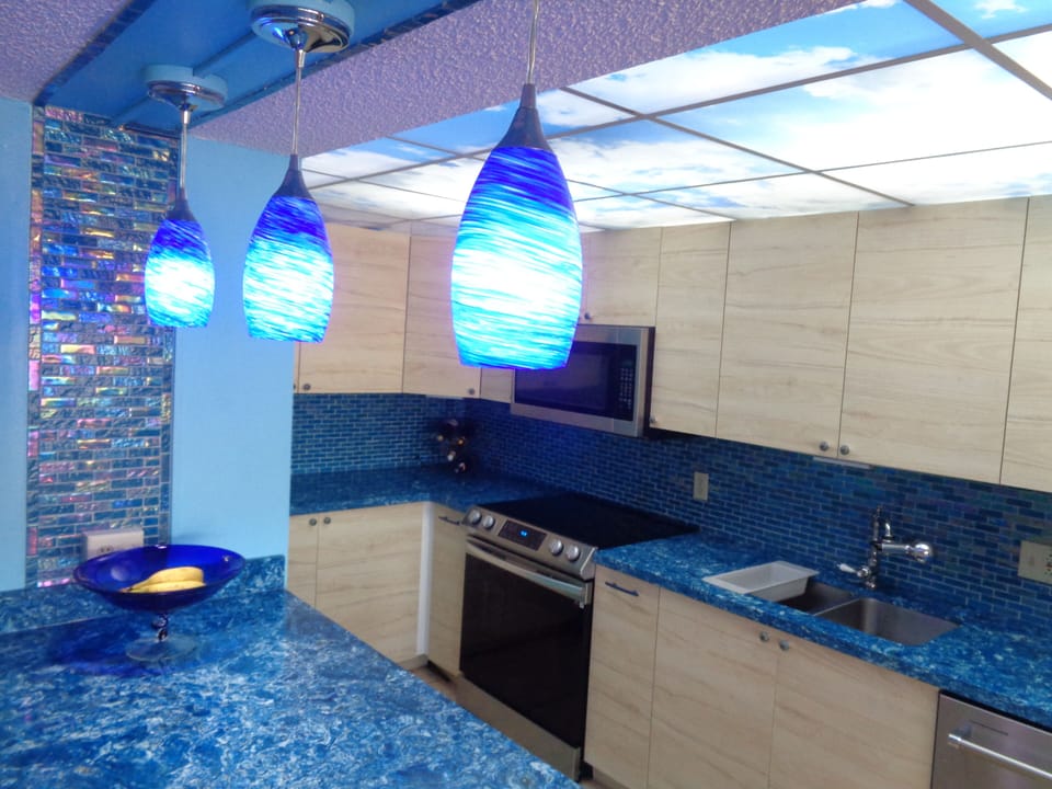 The "sky" skylight lighting, suspended lights, and under counter lights.