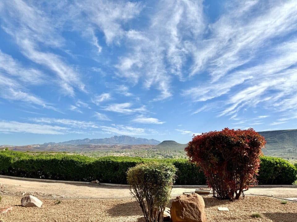 Panoramic patio views of Snow Canyon and Pine Valley, changing beautifully throughout the day.