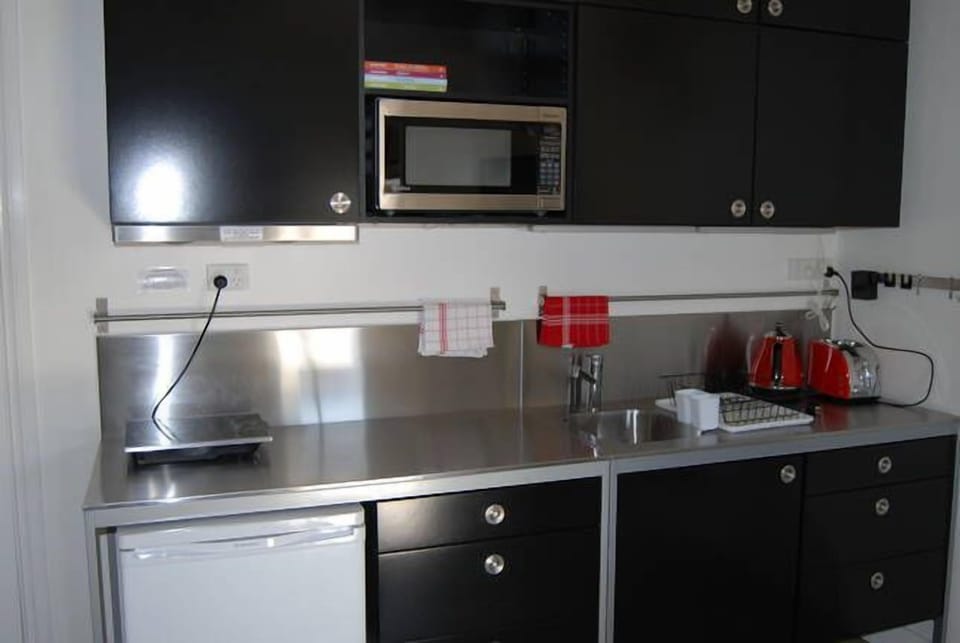 Fridge, microwave, stovetop, electric kettle
