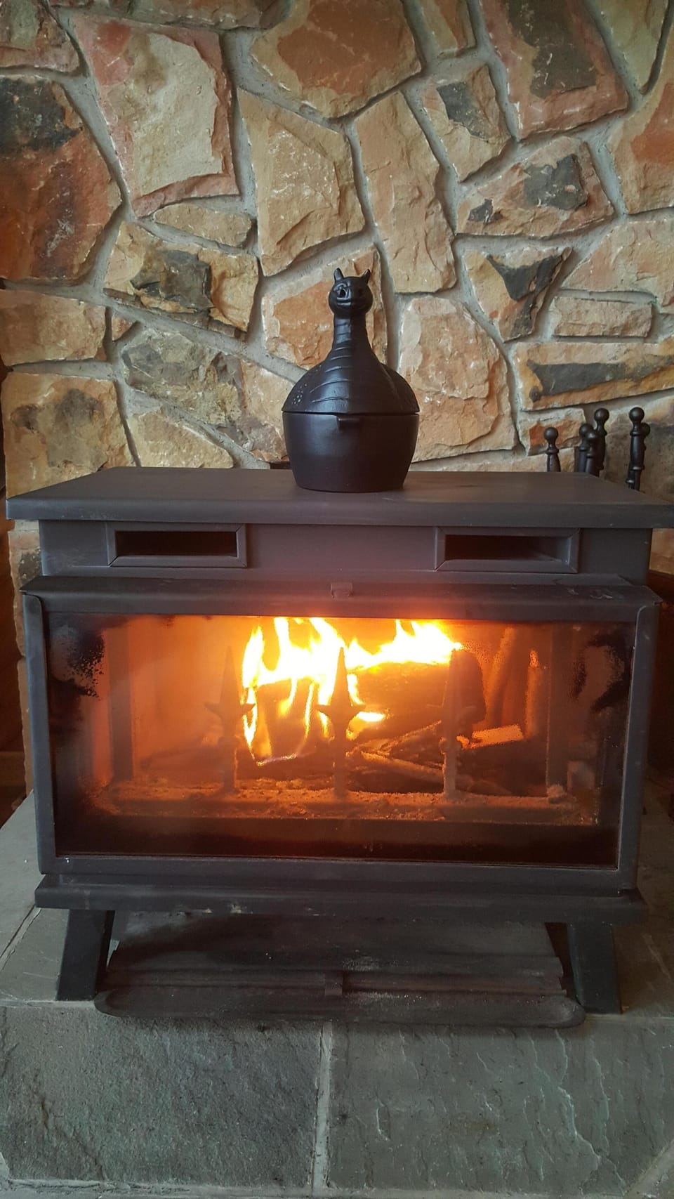 Working wood burning fireplace