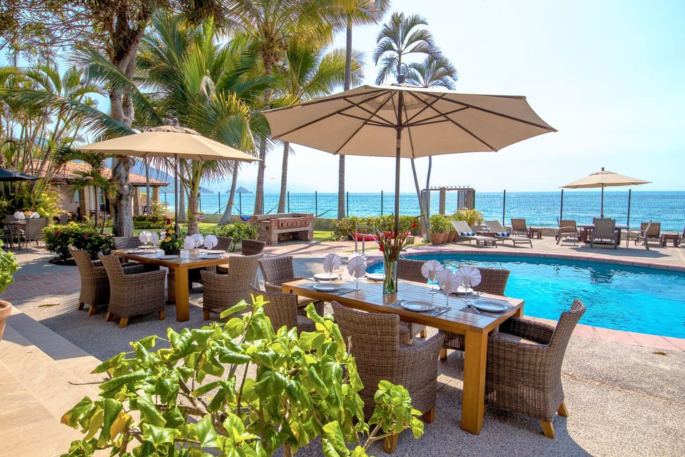 Teak tables on patio