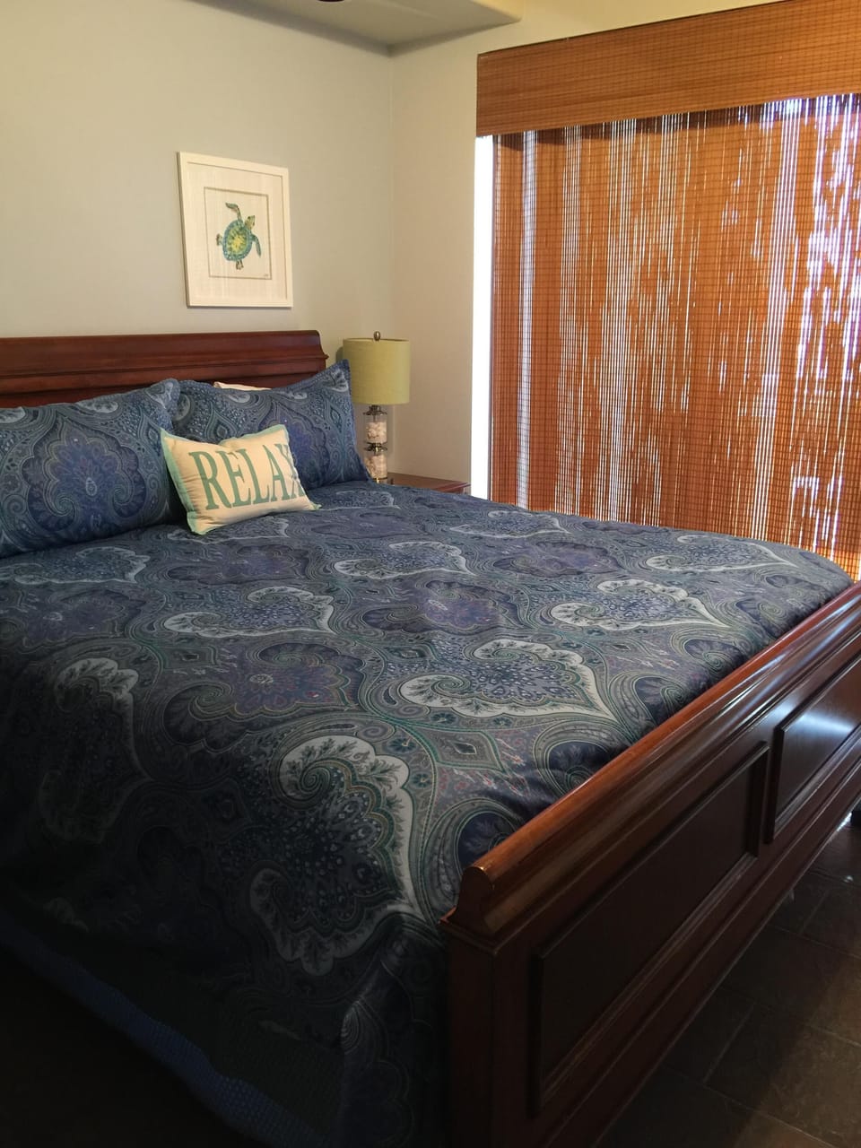 Second Bedroom with King Bed and Ocean View. Night Shades for Sleeping Comfort.