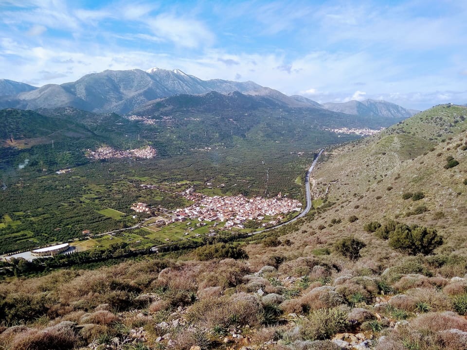 Limnes in the winter showing the vast olive valley
