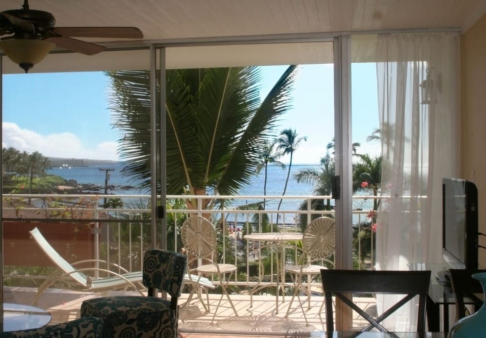 View from living room and kitchen during the late afternoon light