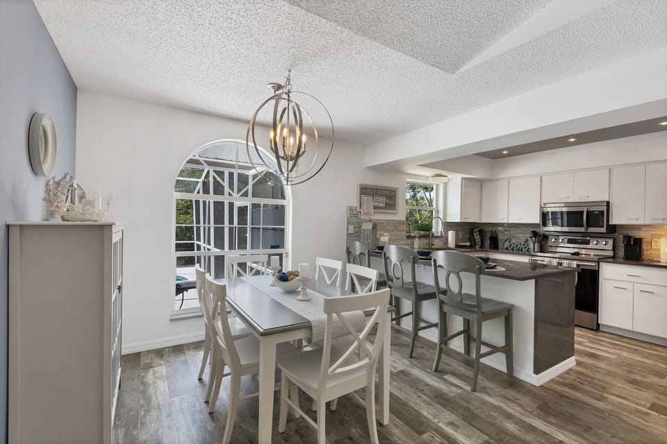 Dining area is close to kitchen and seats 6 for more formal dinners