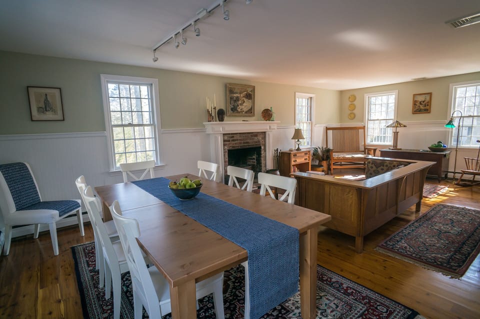 The dining room table can be expanded to seat 12