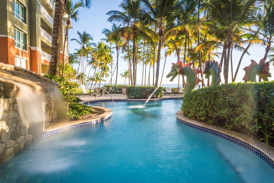 The Dragon Pool, with fountains and waterfalls, is a few steps from our building