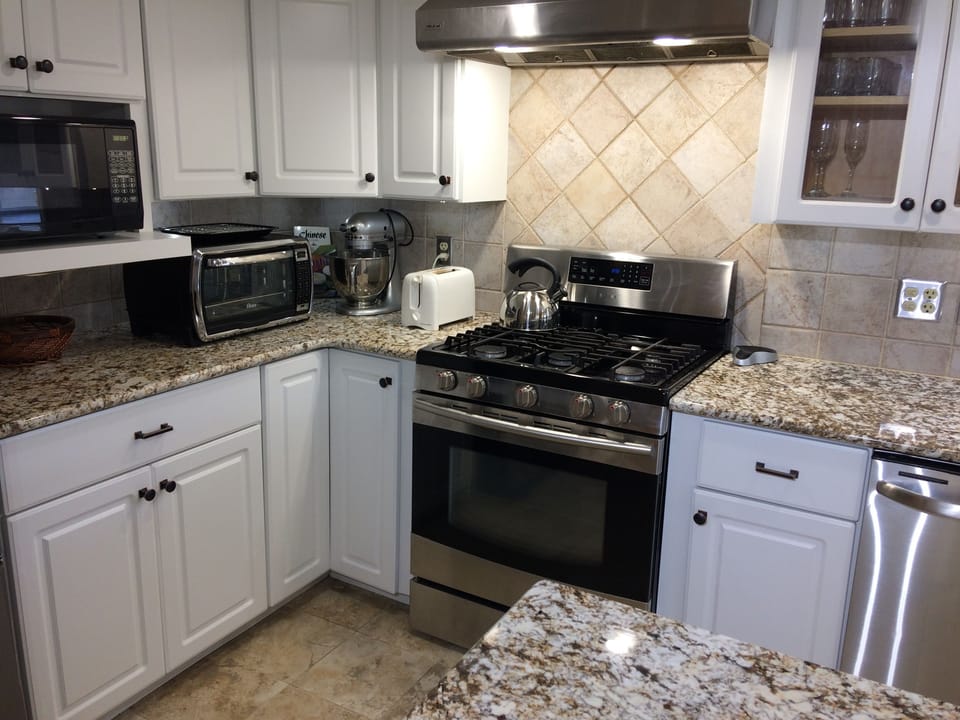Stove, microwave, mini-oven, food mixer, toaster, blender, dishwasher in kitchen
