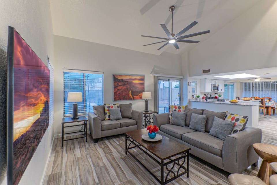 Gather round to stream your favorite movies or TV shows in bright and cheerful great room.