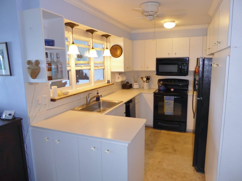 The open plan kitchen off the living room with windows to the dining table