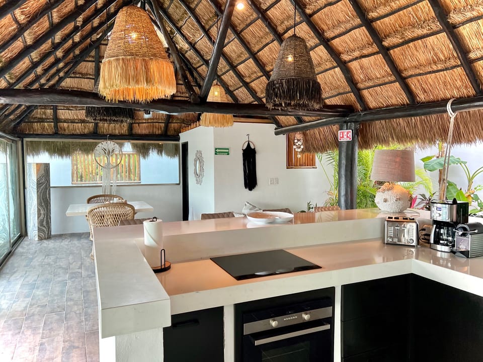 A modern kitchen in an indoor/outdoor setting.