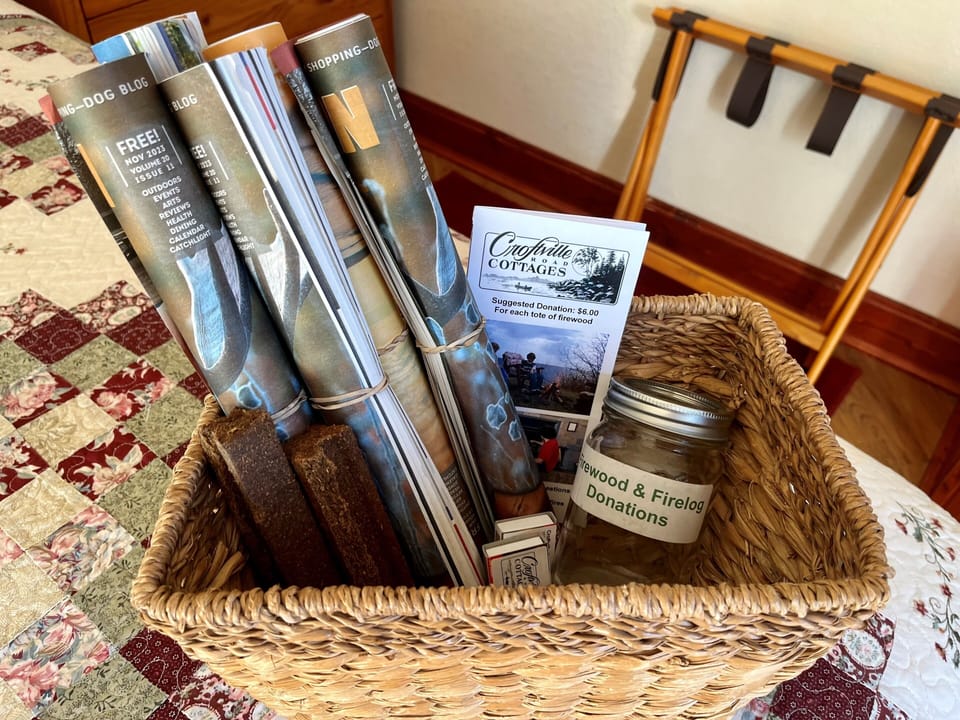 Fire Starting Basket
When you are ready to sit down to relax around a campfire, everything you need to start a fire in our fire circles is provided in this basket. Firewood is available in a firewood shelter next to Cottage #1.