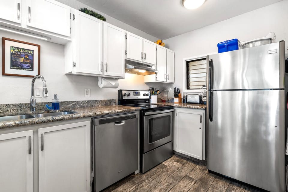 Well equipped kitchen with stainless appliances and pull-out faucet