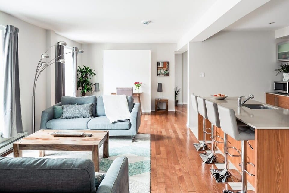 View from the dining area on living room and kitchen