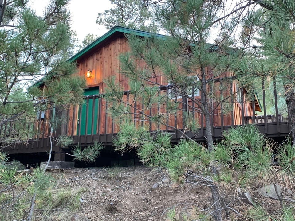 Sitting on the side of a hill, the cabin is close to town, yet feels secluded 