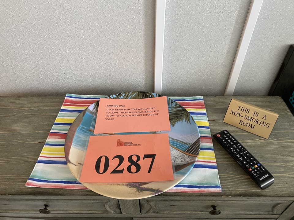 Please leave parking pass inside the room on departure to avoid $60.00 charge