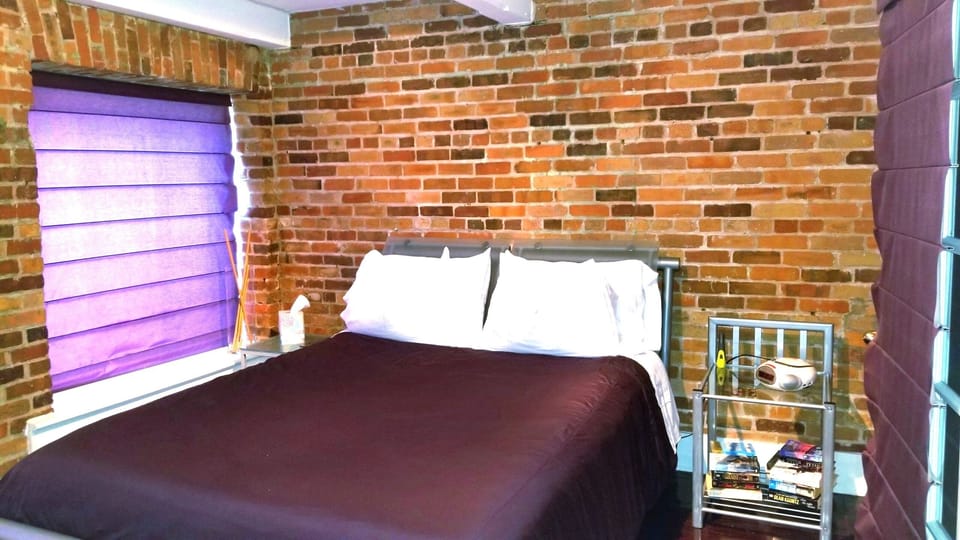 Beautiful exposed brick walls in bedroom, bathroom and living room.