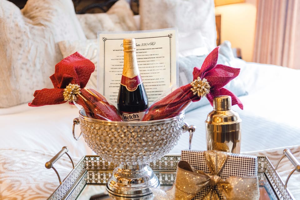 Complimentary sparkling cider and See's candy on the house