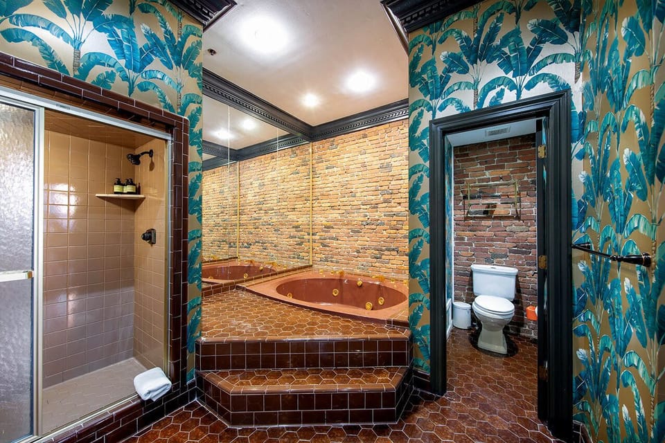Spa-Inspired Ensuite – Soaking Tub, Shower & Toilet Room with Fun Wallcovering