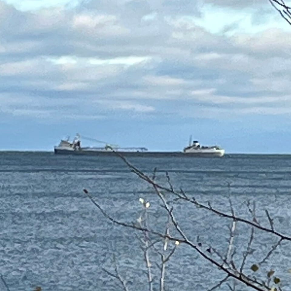 Ore Freighter Passing By
Picture what the workers are doing aboard as a massive ore freighter passes by Inn Suite #5 near the horizon. They are a common sight in the fall and early winter.