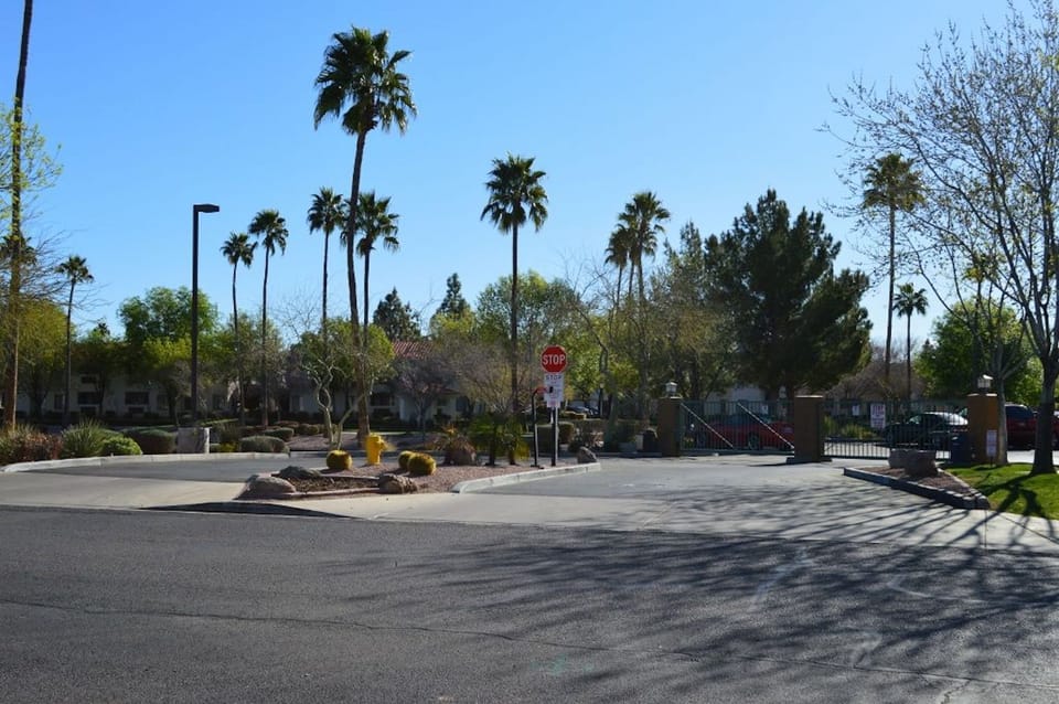 Front view of complex, gate code required for entry.