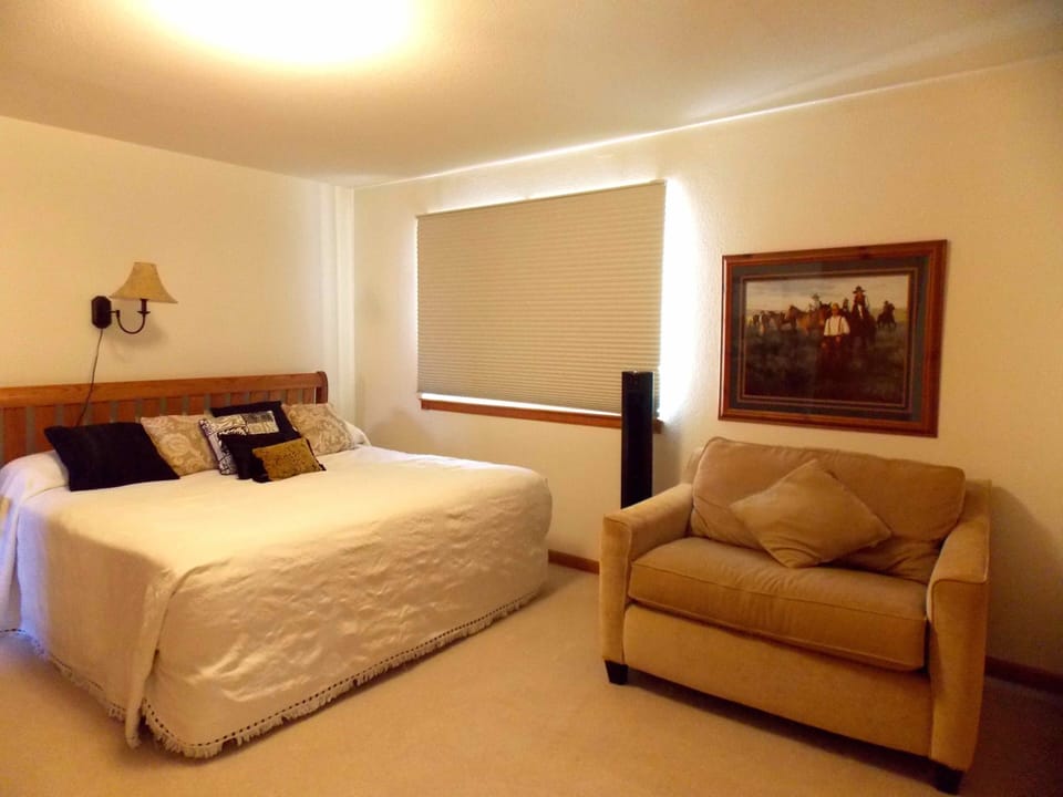 Master bedroom with king bed and love seat that converts to a twin bed. 