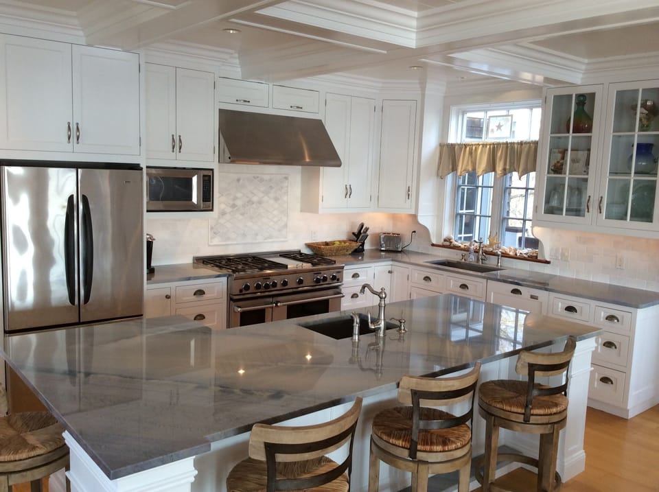 Stunning Coffered Ceilings & Gorgeous Azul Exotic Quartzite Counter tops.
