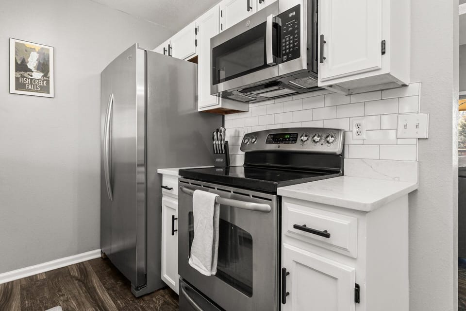 Stainless Steel Appliances - Double Door Refrigerator & Electric Range with Over Range Microwave
