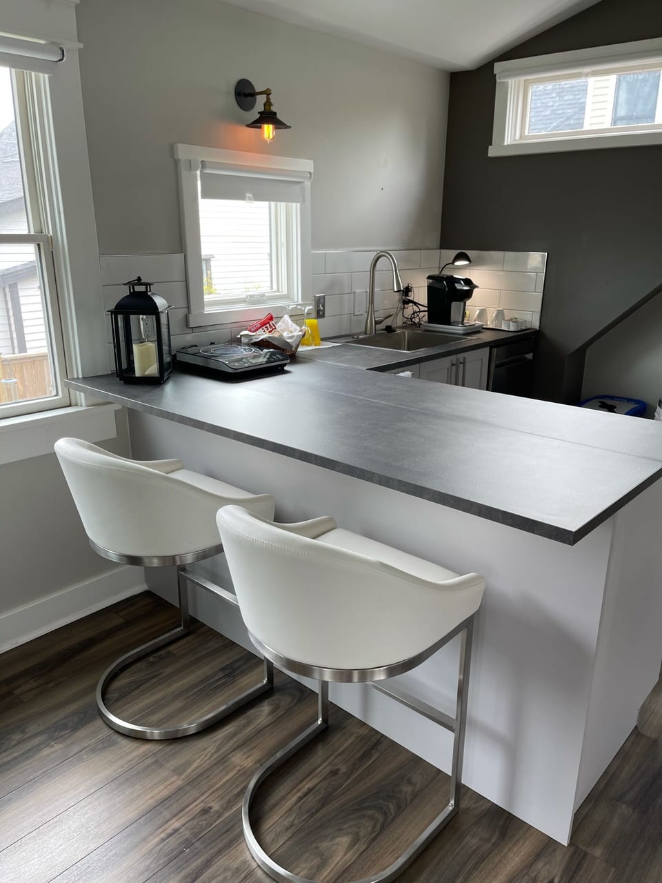 Comfortable seating area for two at counter. 
