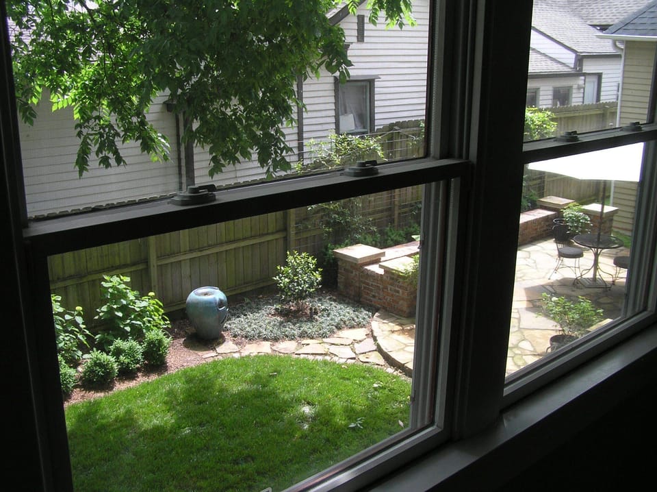 Relaxing garden, back yard, and patio.