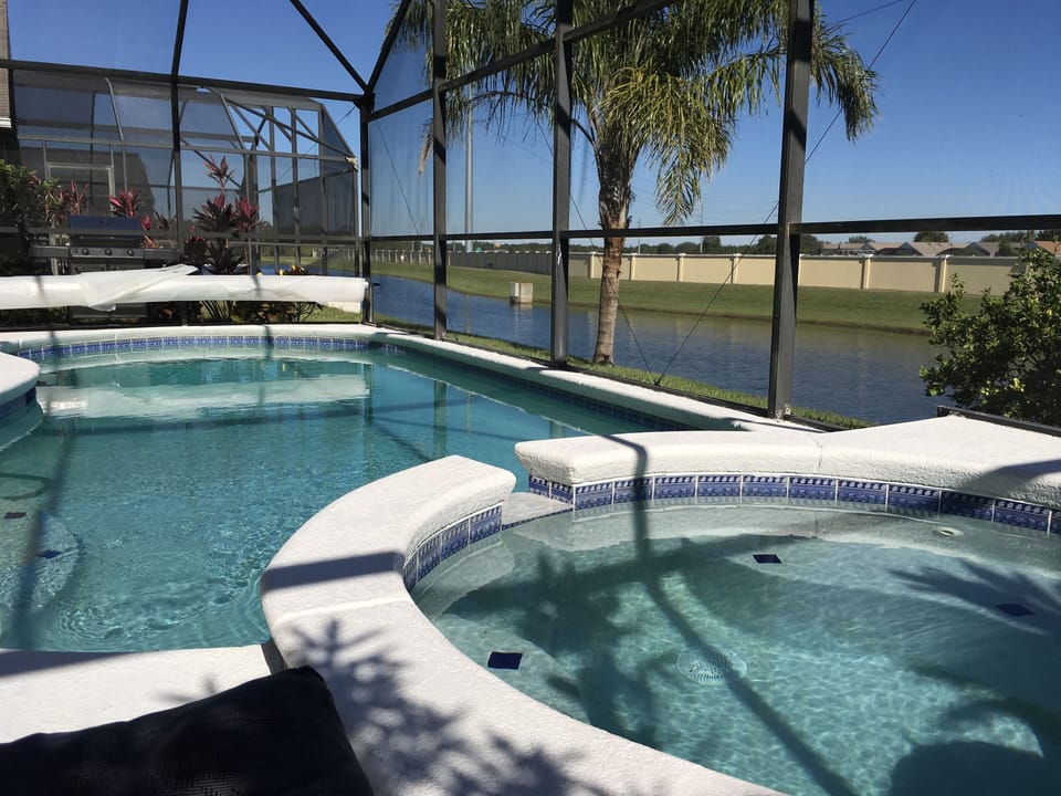 Pool and Spa Overlooking a Nice Pond. View on cranes fishing.