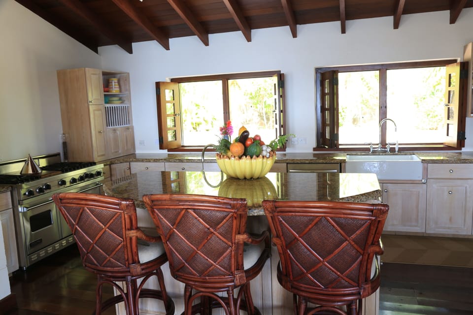 Expansive chef's kitchen with views onto the terraced tropical gardens and patio