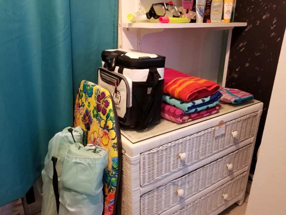 CHAIRS, TOWELS, COOLER, LOTIONS AND FLOATS AVAILABLE FOR USE.