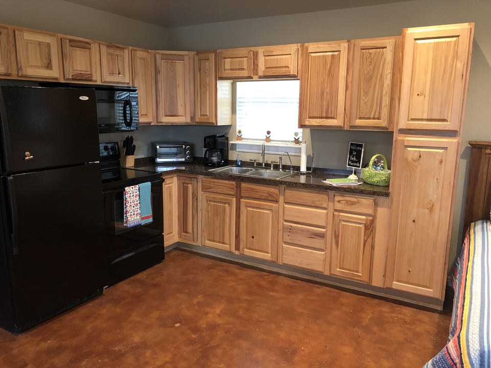 Full size kitchen with everything you need to cook dinner.  Drip coffee pot
