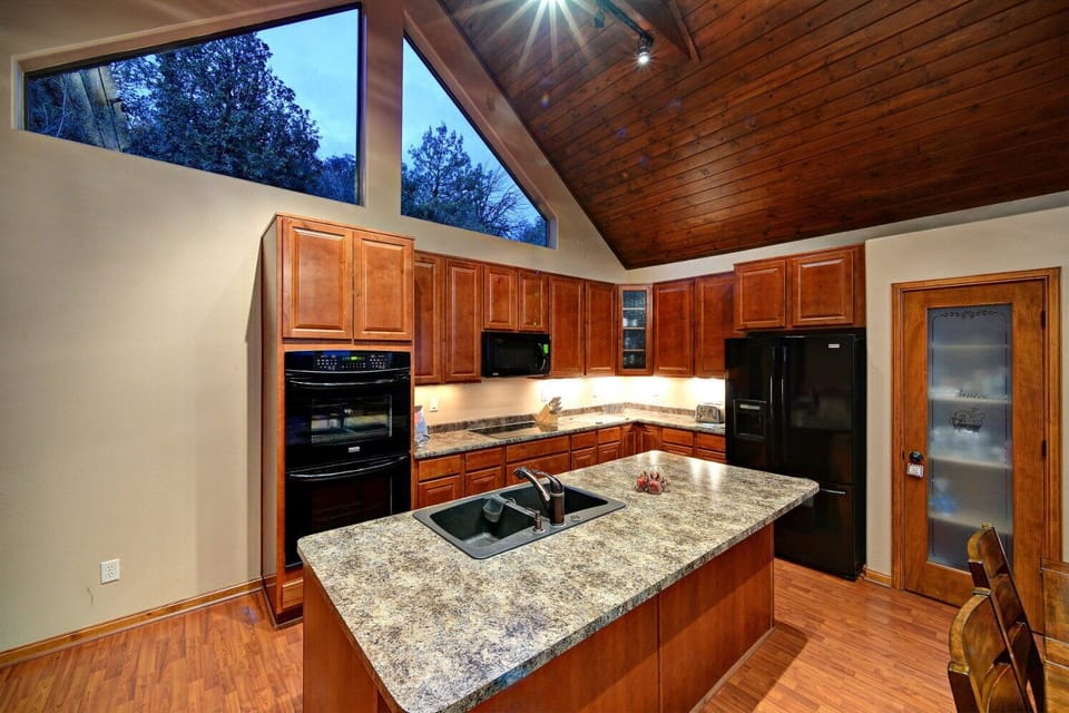 Kitchen, island and pantry.