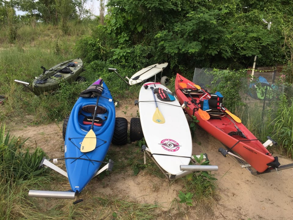 3 Kayaks - 2 Person - 1 Person
1 Person Fishing Kayak.  All With Beach Dollies.