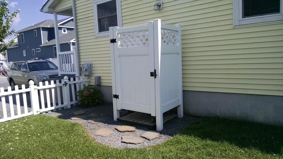 Outside shower with hot and cold water
