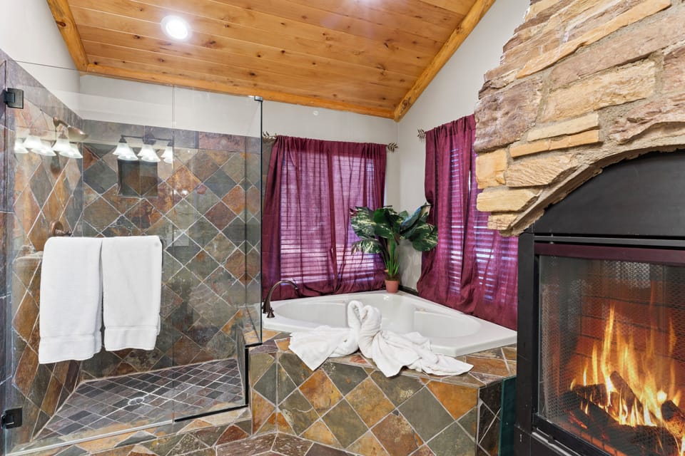 Downstairs Master Bathroom with Gas Fireplace & Couple's Jetted Hot Tub