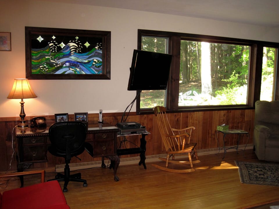 Living Room w/ Mountain views and stained glass windows