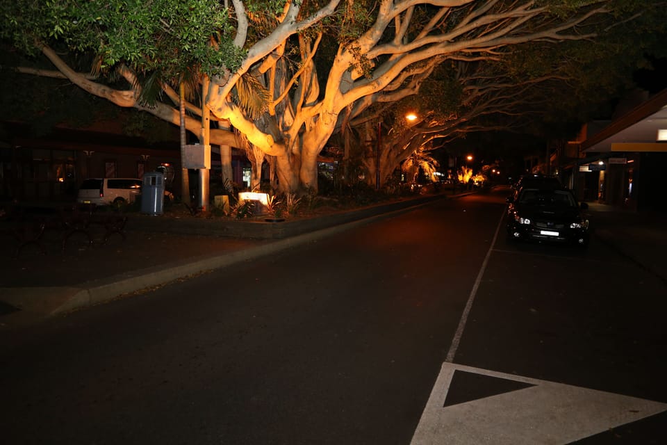 Main street at night. we are the next street opposite Sawtell Beach