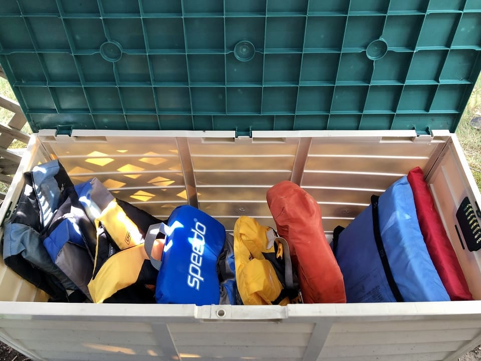 Life jackets in deck box for your use.