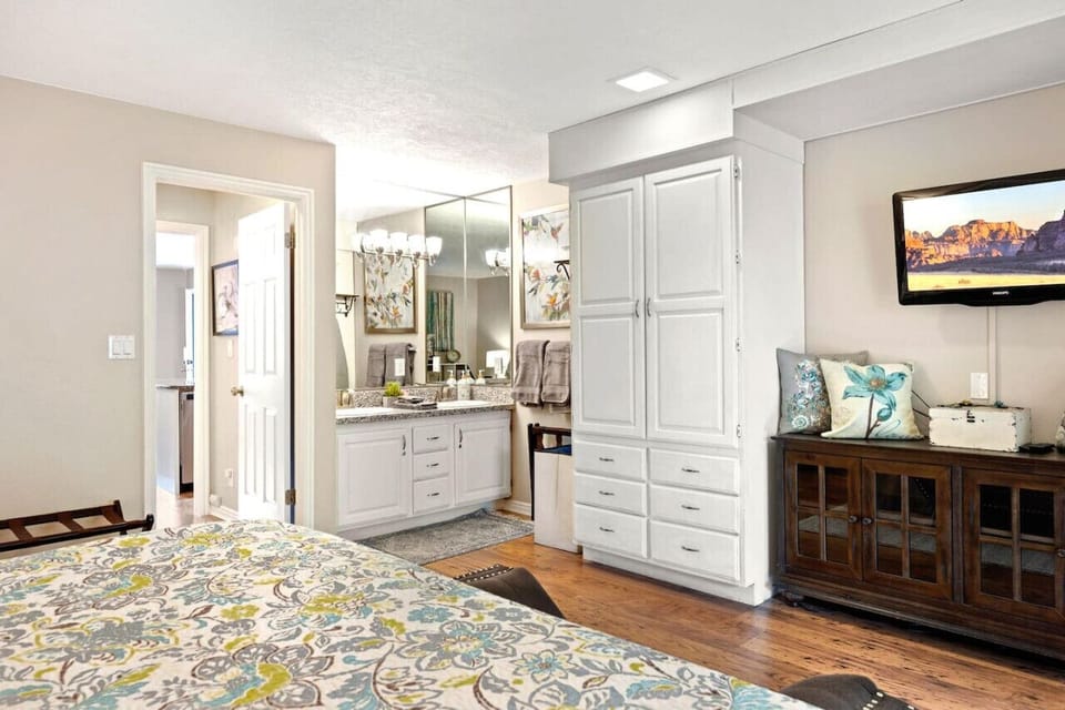 The extra 2-sink vanity provides extra space.