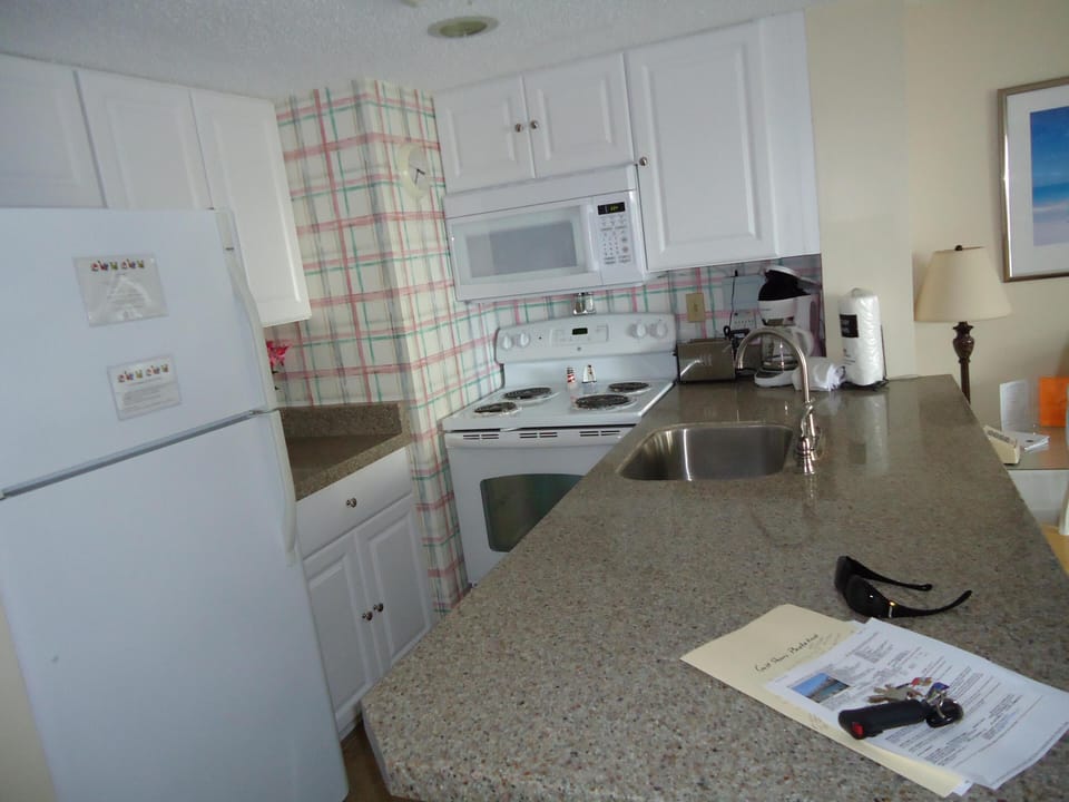 The kitchen with good appliances. The refrigerator has a good ice maker.