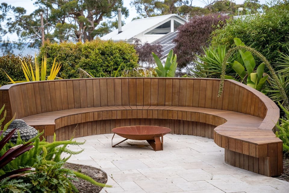 The custom seating with fire pit.
