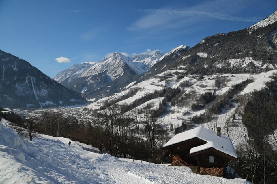 View overlooking the chalet and Orsières down below.