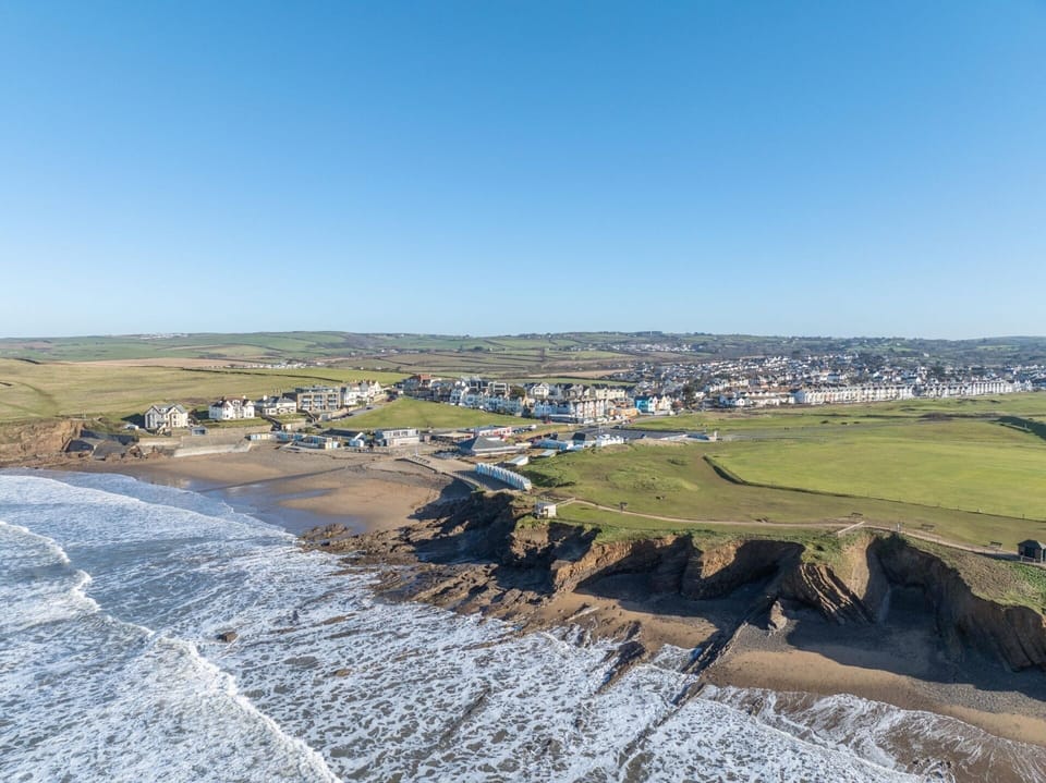 Aerial view of Bude coastline and beaches Cornwall