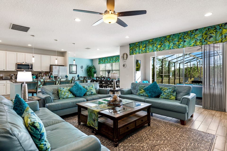 large open plan tv, kitchen and dining area